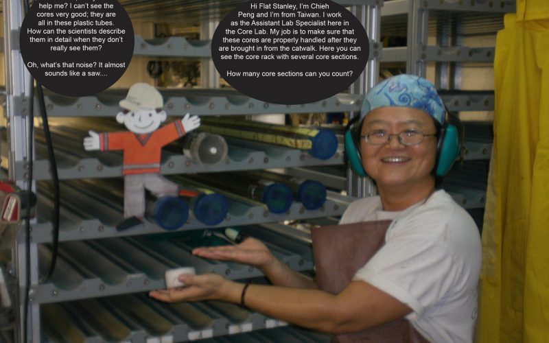 Flat Stanley counts the core tubes with Chieh Peng